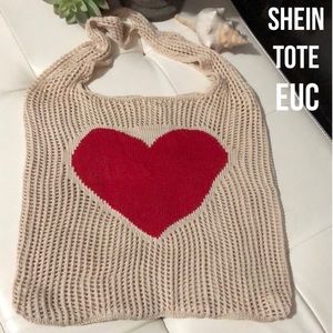 SHEIN Cotton Shoppers Tote-Cream/Red Heart-EUC-Crocheted/Knit Construction